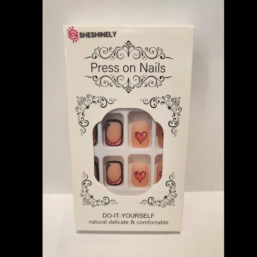 SHESHINELY Press-On Nails 3 Sets Bundle Square Burgundy Rose French Floral Heart